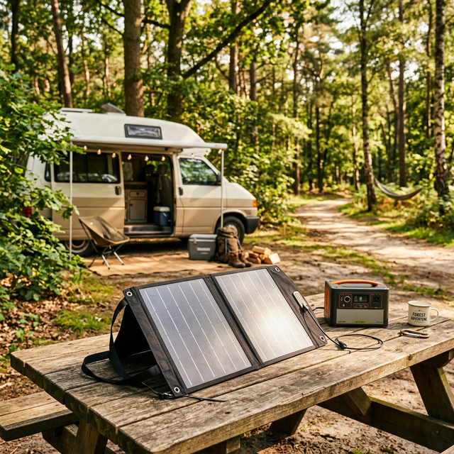 Nlzonvolt Draagbaar Zonnepaneel op een camping